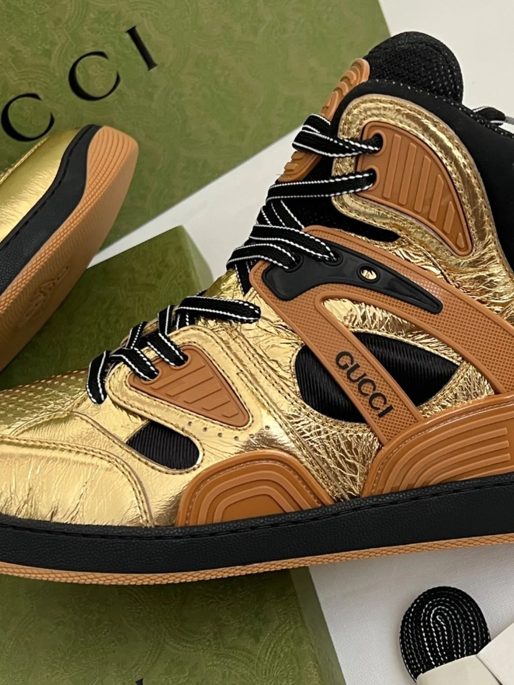 Gucci Men's Sneakers Basket Gold Black High Top Lace up Size 12 US 13 Runway New